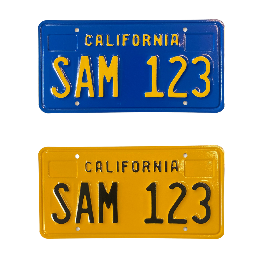 Example images of the 1970s blue legacy license plate with yellow lettering, and 1950s yellow legacy license plate with black lettering